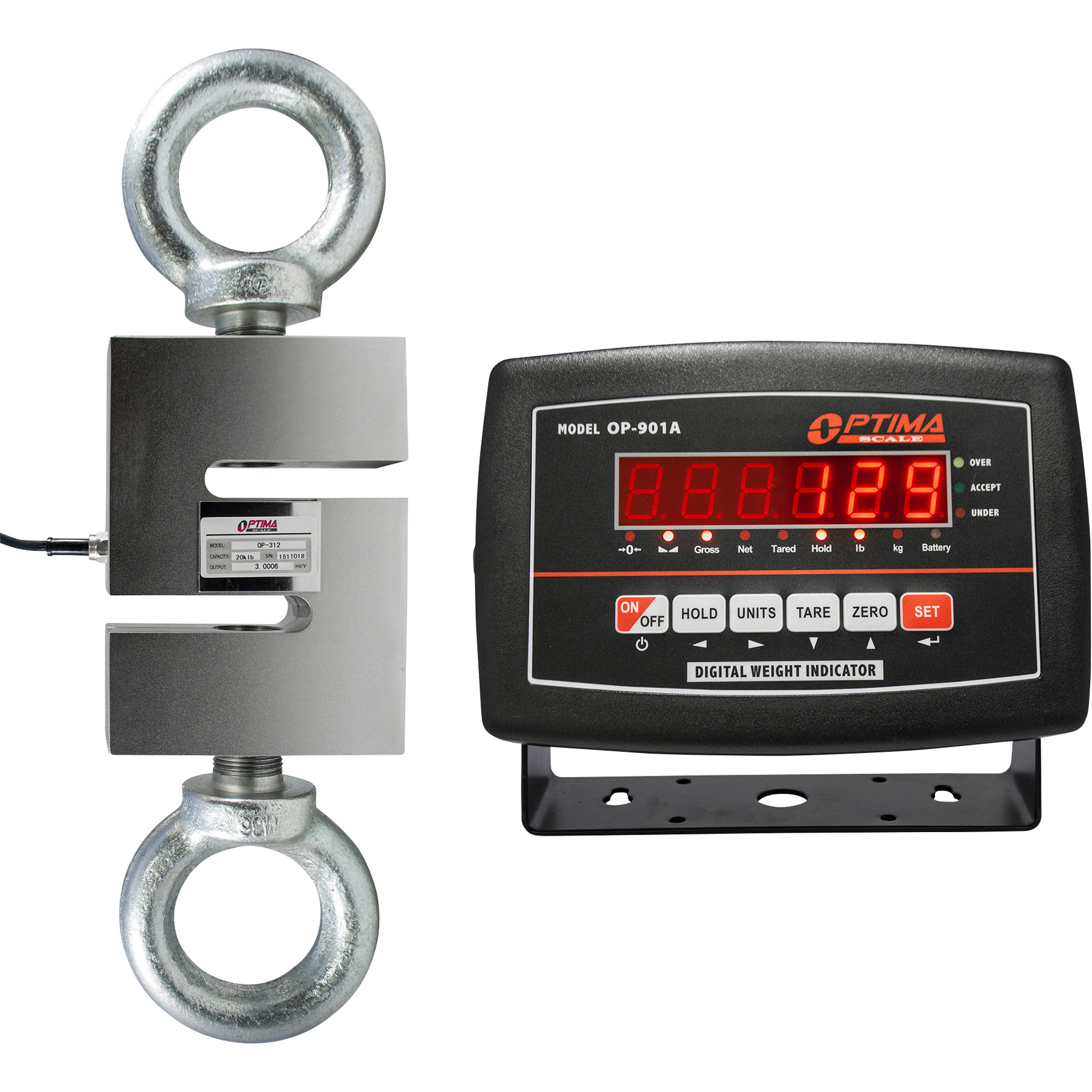 Optima Scale Tension/Compression Crane Scale, 20,000-Lb. Capacity, 2-Lb. Display Increments, Model# OP-926-20K